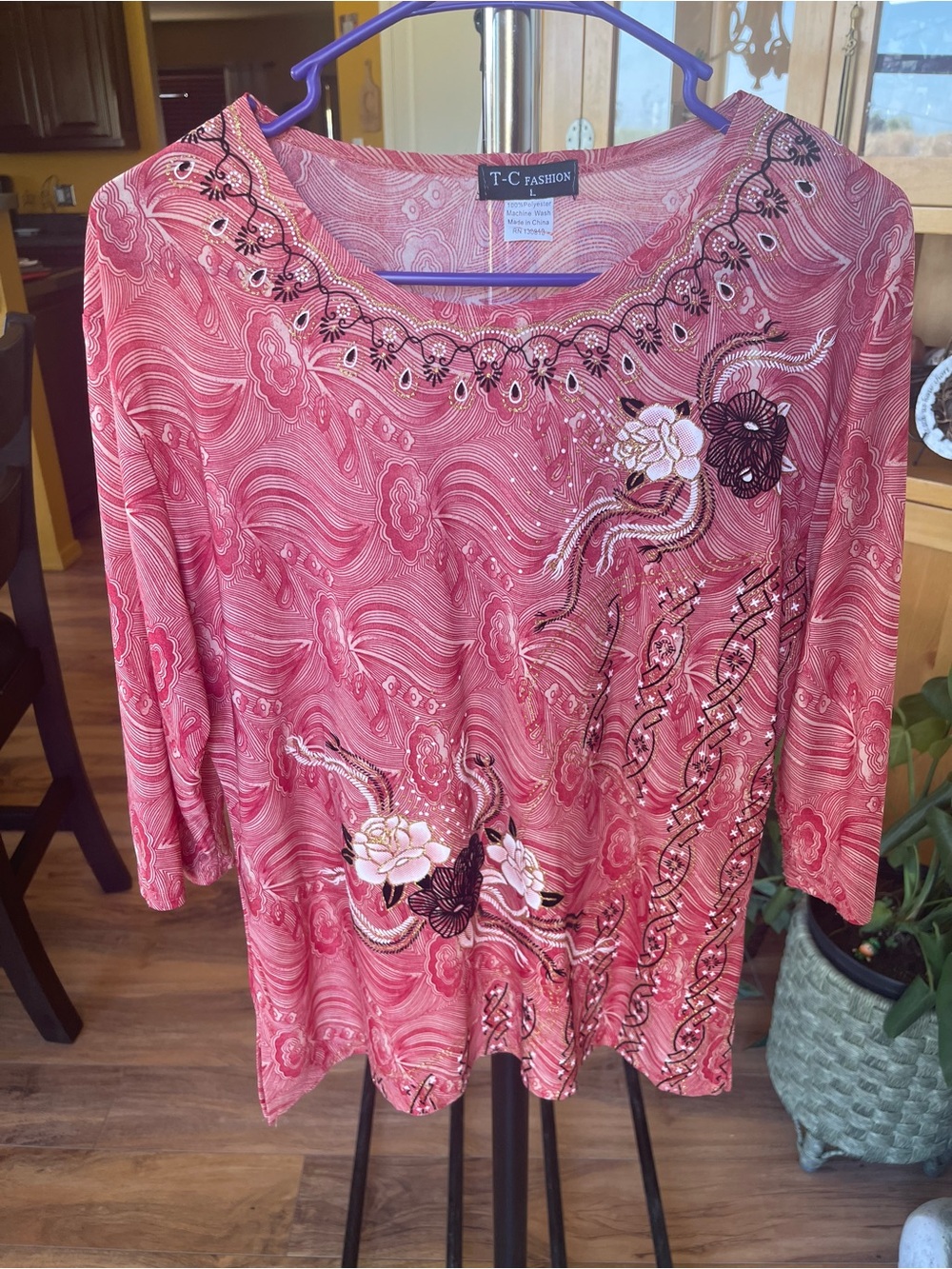 Women's Embellished Floral Long-Sleeve Top -Size L
